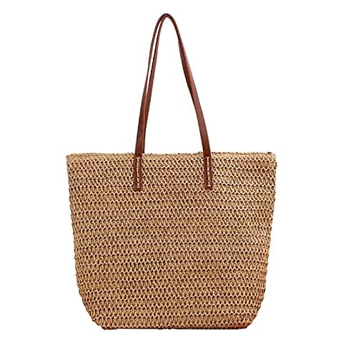 Hsthe Sea Women's Hand-woven Straw Shoulder Bag Large Summer Beach Leather Handles Handbag Tote with Zipper (Brown) Cover
