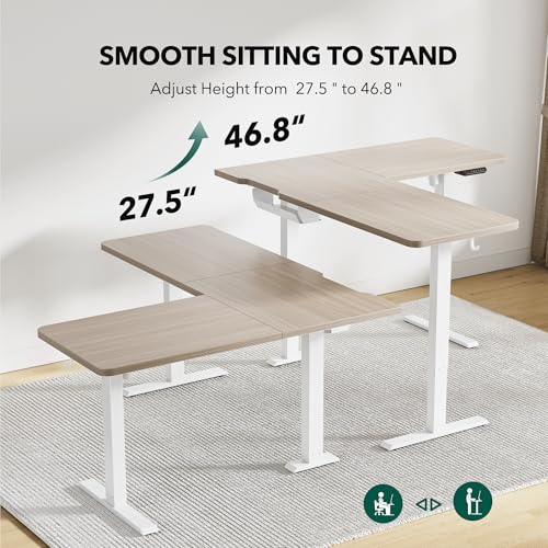 Image of FEZIBO 63 inch L Shaped Standing Desk Height Adjustable, Sit Stand Home Office Desk with Splice Board, Electric Stand up Corner Desk, White Frame /Light Walnut Top