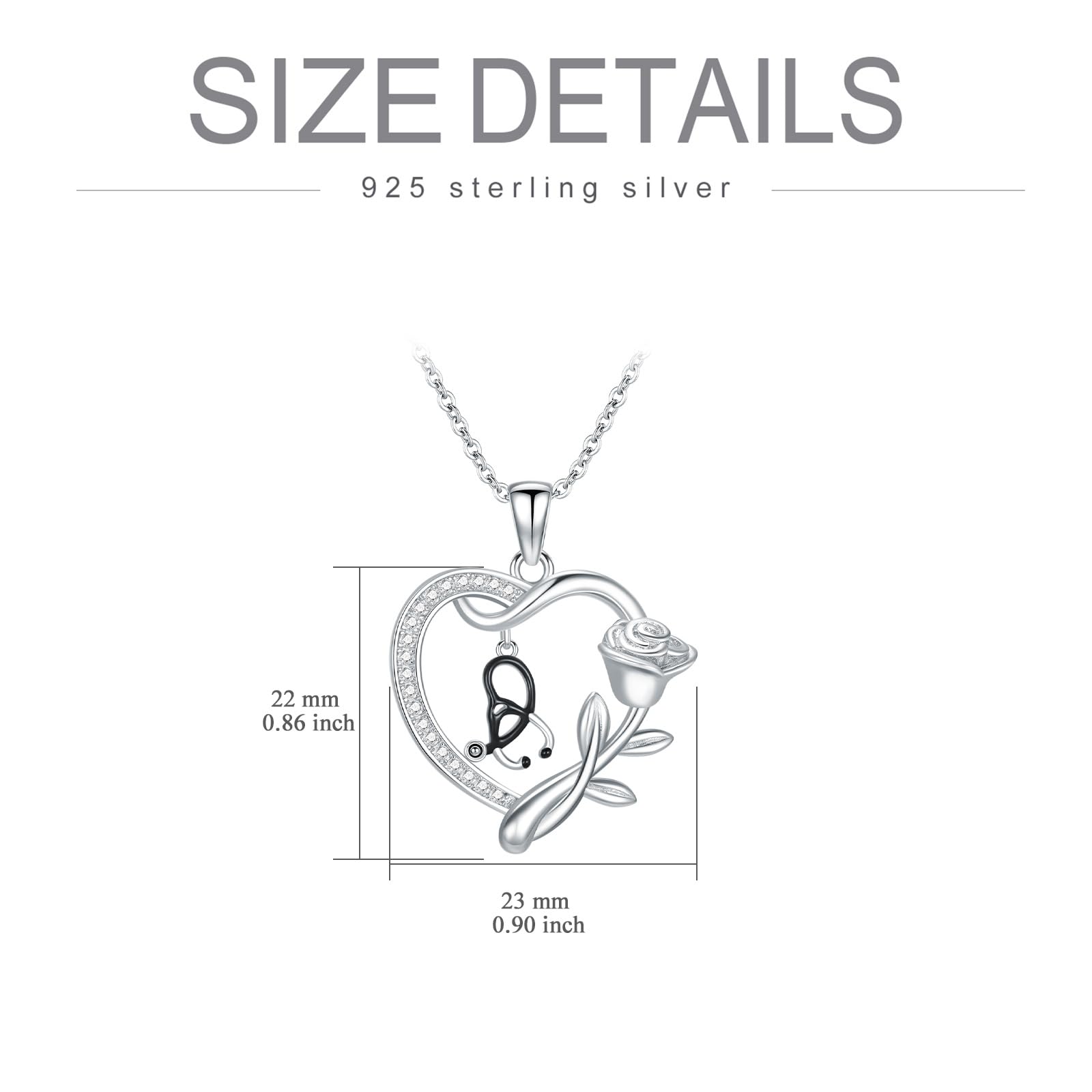 Stetoscopio collana in argento Sterling 925 cuore collana laurea regalo regalo per medici infermieri, 22*23, Argento sterling, Zirconia