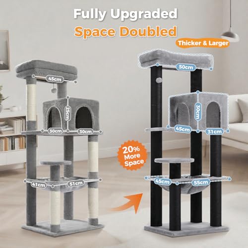 Image of MUTTROS Large Cat Tree with Reinforced Scratching Posts (φ3.7in) for Big Adult Cats 30 lbs, 57.8 inch Heavy Duty Cat Tower with Larger Hammock and Condo, Cat Furniture for Maine Coon, Plush,Black