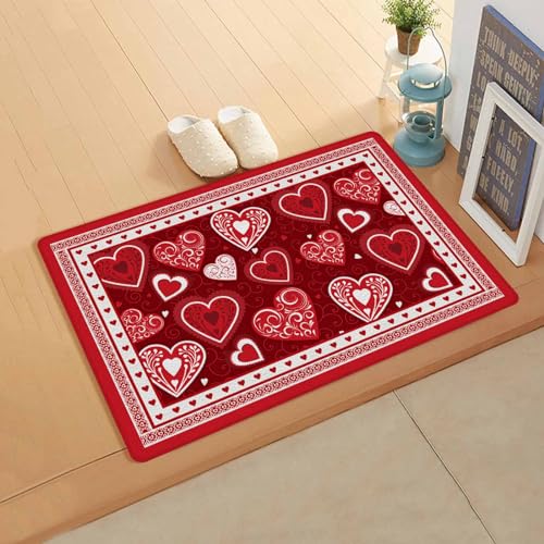Red Valentine Kitchen Bath Door Mat Cushioned Runner Rug,Washable Welcome Floor Sink Antifatigue Mat,Waterproof & Non-Slip Comfort Standing Doormat,Valentine's Day Love Heart Holiday 20