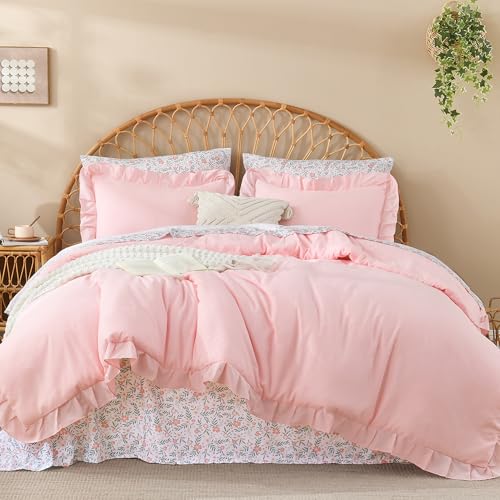 Litanika Queen Size Comforter Sets - 7 Pieces Ruffle Pink Bed in a Bag Soft Farmhouse Bedding Sets with Ruffled Comforter Floral Sheets Pillowcases & Shams