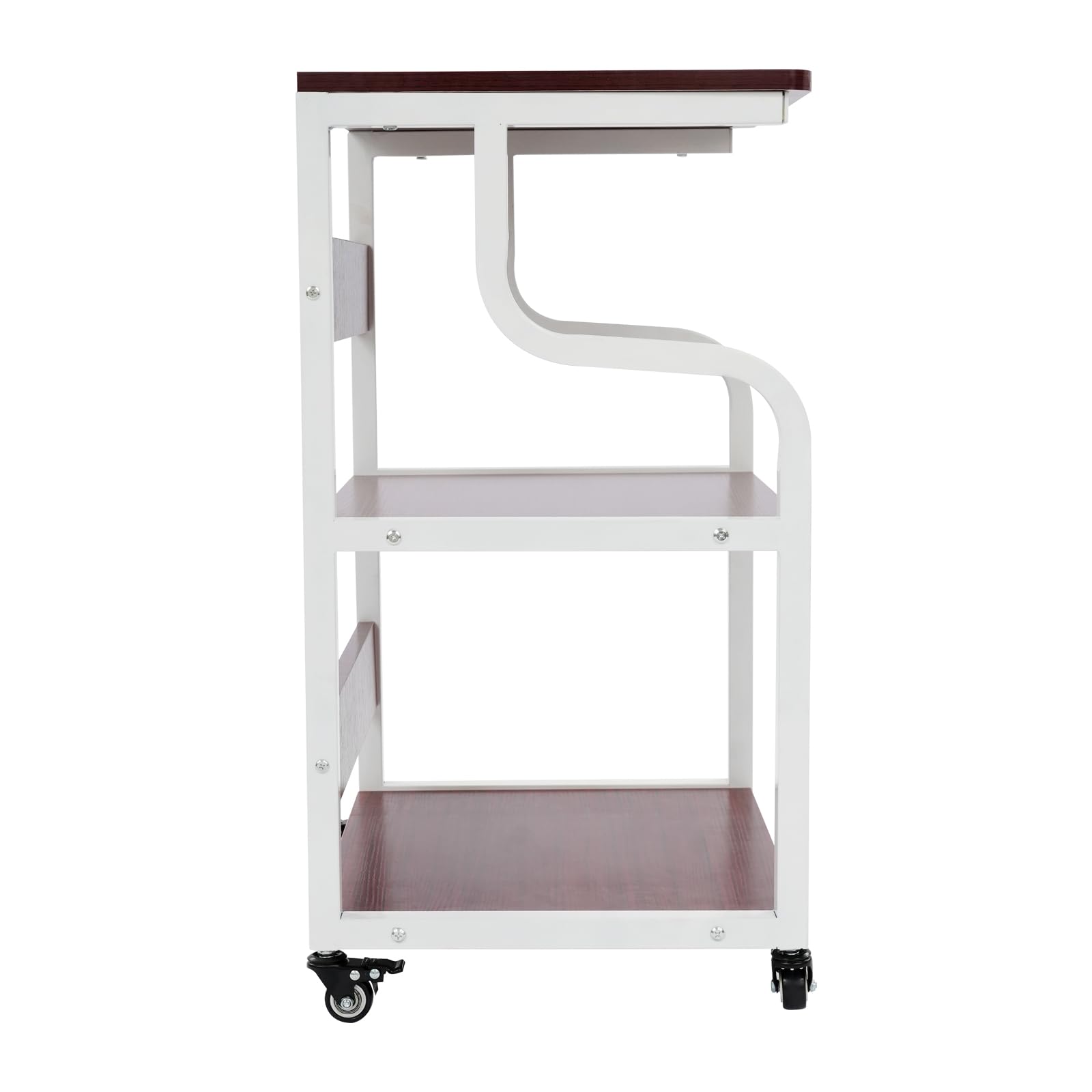 WooDerson Mesa de impresión de 3 niveles con ruedas, carrito de almacenamiento móvil, estante multiusos, soporte para impresora debajo del escritorio para el hogar, oficina (color blanco + teca)