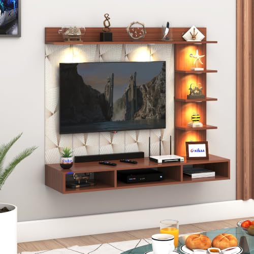 Image of Anikaa Tyron Engineered Wood Wall-Mount TV Unit with PVC Back Panel & LED Lights | TV Cabinet with Storage Box & Decorative Shelves (Walnut) | Ideal for TVs up to 43 Inch | DIY Installation