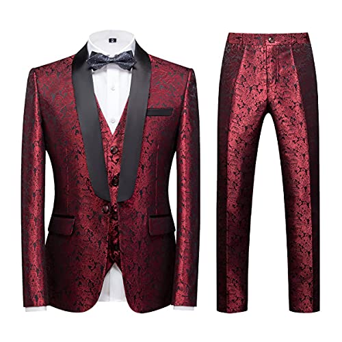 KUDORO Costume Homme 3 pièces Mariage Business Slim Fit Smoking Simple Poitrine à Un Bouton, Men Suits 3 Piece Rouge pour Fête Confort Elégant Blazer Veste et Pantalon Gilet(Rouge,M) Cover