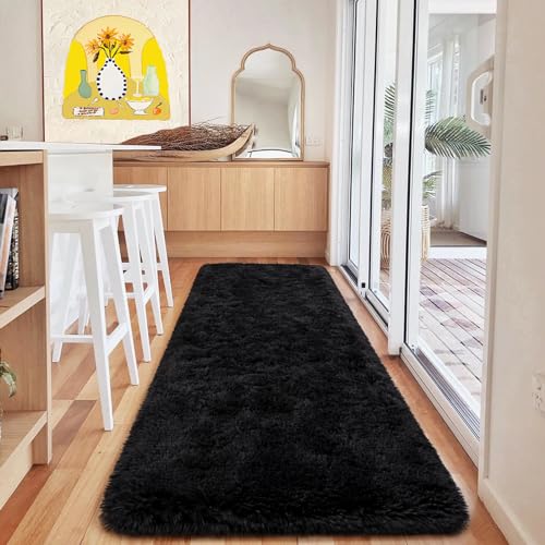 HOMORE Runner Rug 2x6 Black Rug for Bedroom, Fluffy Runner Rugs for Hallway Living Room, Non Slip Rugs for Indoor Entrance Memory Foam Carpet for Kids Room Dorm