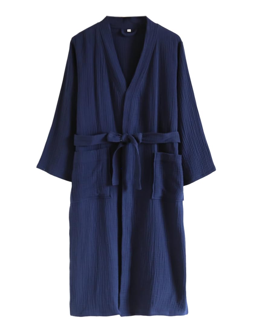 Accappatoio unisex in mussola per uomo e donna, 100% cotone, leggero, stile kimono, yukata, accappatoio da spa, pigiama,Blu,M