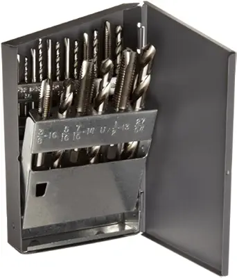 Chicago Latrobe GT18 High-Speed Steel Jobber Length Drill Bit and Spiral Point Tap Set with Metal Case Uncoated (Bright) Finish 18-piece Wire Size Letter Inch #6-32 to 1/2 -13 Tap Sizes
