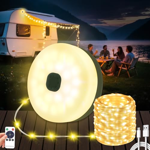 Pavlleen 10M Cadena de Luces para Camping,Retráctil Cadena de Luces para Camping,9 Modos De Iluminación,2500mAh,Impermeable IP44,Lámpara de Camping Portátil,para Acampar,Viajes,Jardín,Fiestas