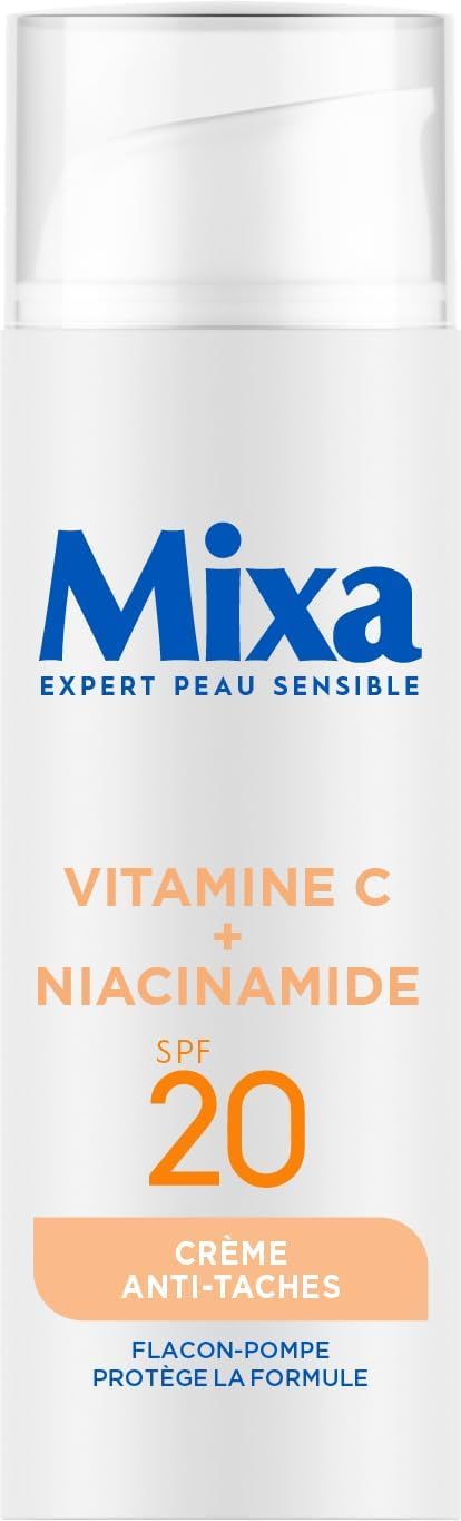 Mixa - Crème Anti-​Taches SPF 20 à la Vitamine C et Niacinamide - Teints Ternes et Irréguliers - Éclaircissant Uniformisant - Texture Légère et Rafraîchissante - Flacon-​Pompe Antioxydant - 50 ml