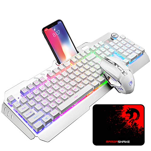 Wireless Gaming Keyboard and Mouse Combo, Rechargeable 16 Kinds RGB Backlit PC Gaming Keyboard Mouse , Mechanical Feel Keyboard and 7 Color Gaming Mute Mouse for Windows Computer Gamers (White RGB)