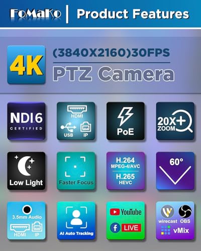 Image of FoMaKo 4K 20X PTZ Camera HDMI with NDI and AI Auto-Tracking PTZ Camera,for Church Worship Education Conference Events,NDI 6 & NDI HX3 Certified(K20UHx2+KC608 Pro) BK20UH2