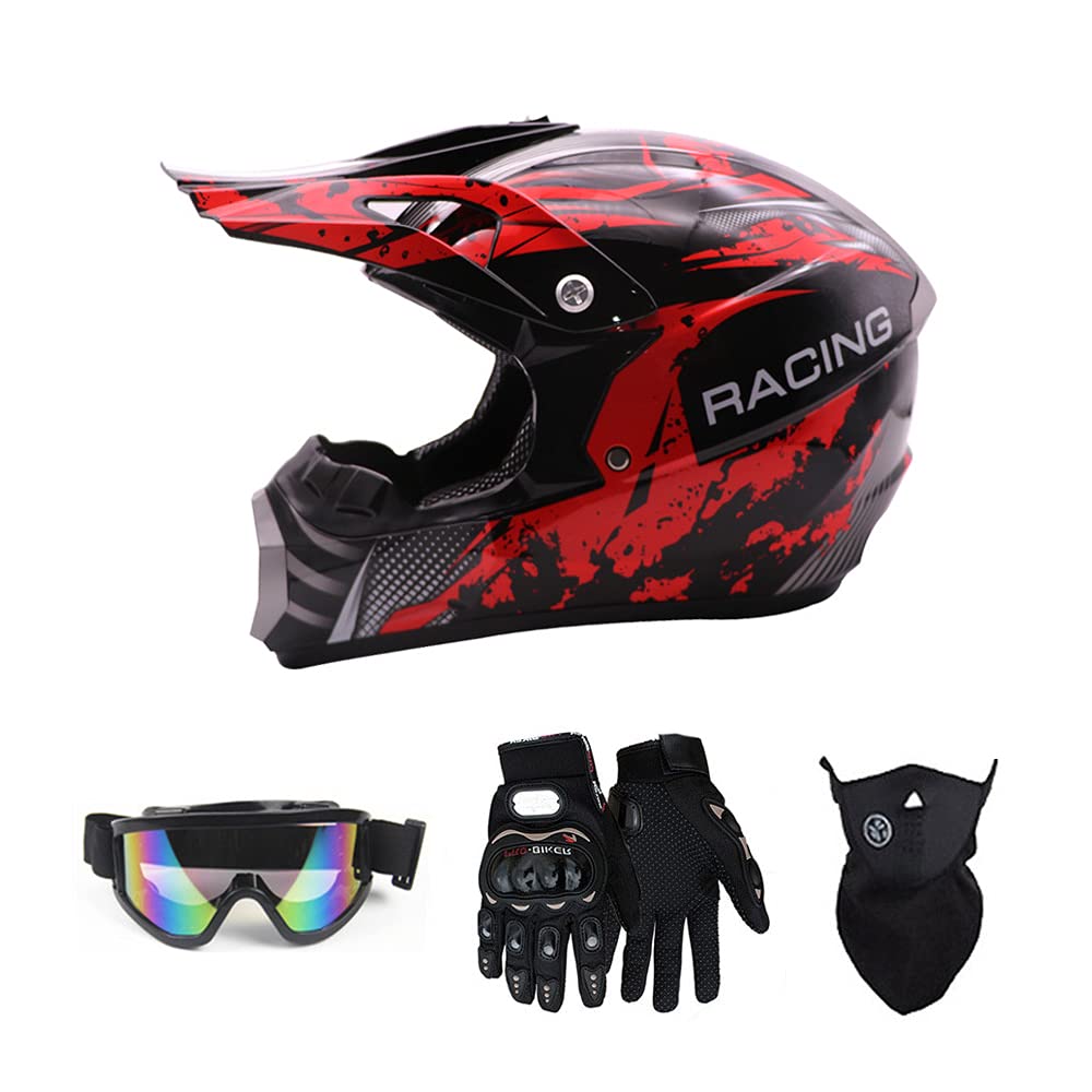 TTMiku Motocross Helmet Set, Unisex Youth Kids Small Full Face Protective Off Road Helmet for Dirt Bike ATV UTV BMX Street Ride (Gloves, Goggles, Face Shield), DOT Approved