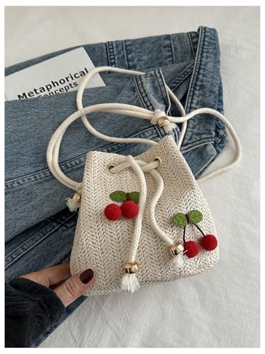 Women's 3D Cherry Drawstring Crossbody Bags Small Cute Travel Bucket Straw Bag3