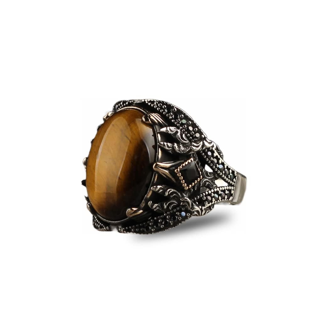 KsrModa925 Sterling Silver Tiger Eye Stone Men Silver Ring, Tiger's Eye Gemstone Mens Ring, Handmade Sterling Silver Gemstone Ring for Men, gifts for men handmade rings valentines day gifts for him