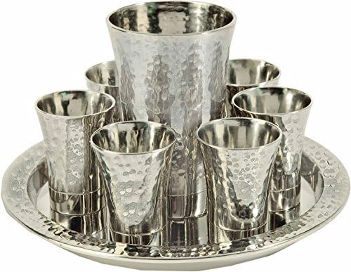 Kiddush Cup & Fountain Set - Yair Emanuel NICKEL KIDDUSH SET CUP + 6 CUPS + TRAY HAMMER WORK SILVER (Bundle)