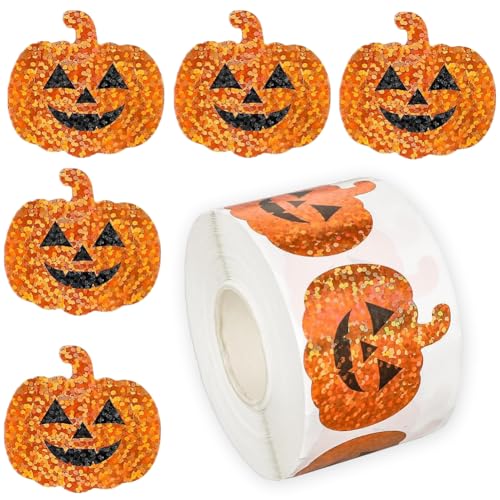500Pcs Halloween Pumpkin Stickers Roll - Laser Pumpkin Face Shape Self-Adhesive Stickers Orange Sparkly Waterproof Decals for Halloween Party Envelope Scrapbook Decor