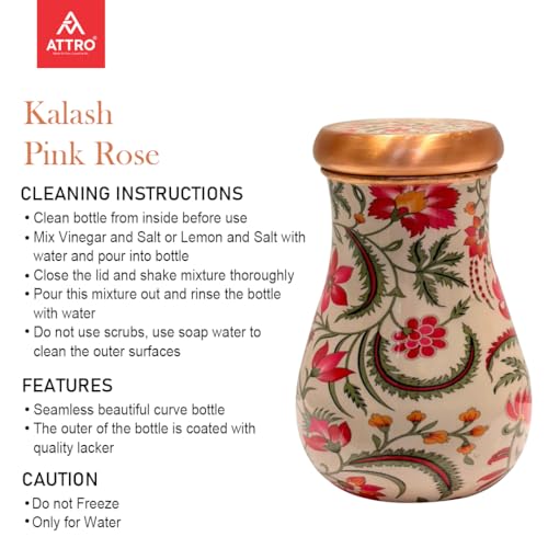 Image of ATTRO Kalash Copper Water Pot - Designer Water Storage & Serving, Ayurvedic Health Benefits, Supports Overall Health & Healthy Skin, 750ml Pink Rose