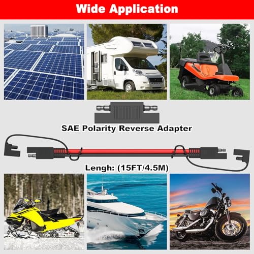 Image of SAE Extension Cable 12AWG 15FT, SAE Connector Extension Cable | SAE to SAE Extension Cable Wire with SAE Polarity Reverse Adapter for Solar Panel, Battery, Motorcycle, Car, RV, Truck