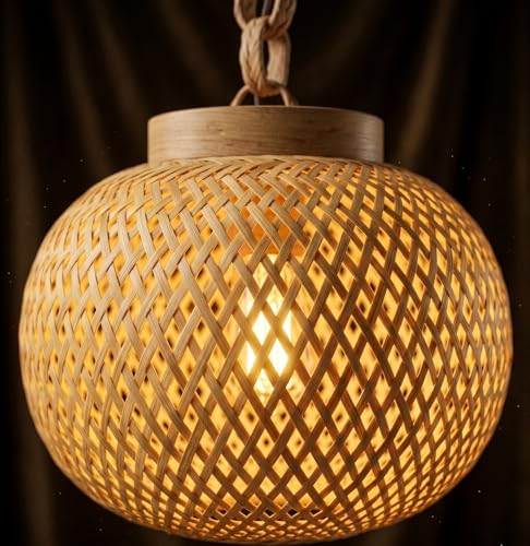 Image of MKS Craftscape Handcrafted Bamboo Hanging Lamp Shade /Cane Pendant Light for Ceiling Decoration | Rustic & Eco-Friendly Hanging Light for Living Room, Bedroom, Home & Cafe /with holder