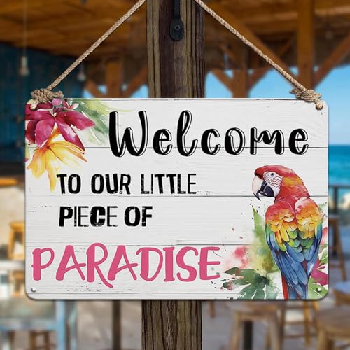YOYI ART Patio Decor Pool Decorations Outdoor Tiki Bar Signs - Welcome To Our Little Paradise Sign, Beach Metal Tin Sign, Vintage Garden, Patio, Pool, Backyard Decor Wall Art Accessories, 12 x 8 Inch