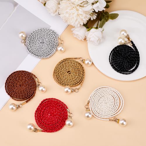 CRASPIRE 12Pcs Thin Braided Belt PU Leather 54.37 Inch Boho Knotted Waistband Rope Vintage Skinny Trendy Adjustable Tie Decorative Woven Waist Cord for Ladies Women Summer Skirt Dress Clothes4