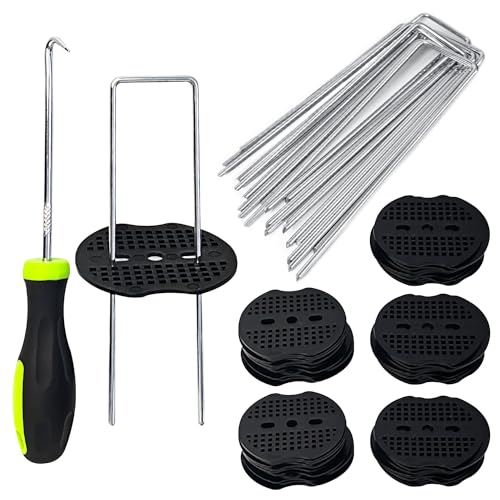 ANSIO Weed Membrane Pegs 50 Pack 6 Inch with 50 Buffer Washers & Pick Hook Garden Staples Ideal for Weed Fabric Artificial Grass Matting Netting Silver