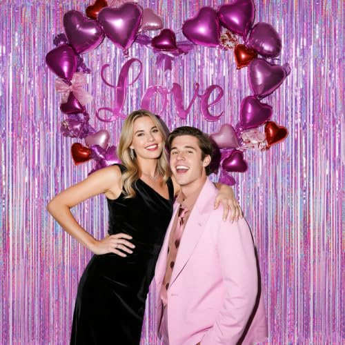 Image of Shimmering Purplish Pink Foil Fringe Curtains for Party Decor - Tinsel Backdrop for Photoshoot, Party Wall Decor with Glitter Streamers for Weddings, Baby Showers, Birthdays & Stage Events