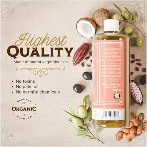 Image of Carolina Castile Soap Orange Scent - Certified Organic Base, High Olive Oil Content, Non-Drying, Made with Organic Oils, Concentrated Natural Body Wash for Men and Women (Orange, 32 Fl Oz)