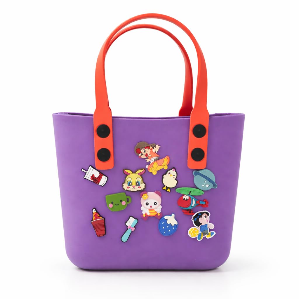 Kids Silicone Eva Beach Bag for Girls with Cute Cartoon Charms, Lightweight Waterproof Reusable Tote Handbag, Soft Durable silicone carry bag for School, Shopping, Picnic, Travel, Beach & Daily Use.