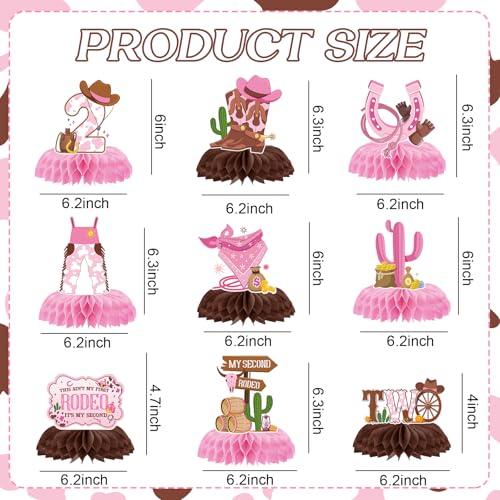 Image of This Ain't My First Rodeos It's Second 2nd Birthday Decorations | 9 Pcs Cowgirl Honeycomb Centerpieces Pink Western Two Years Old Party Supplies for Girl Photo Backdrop Table Decor