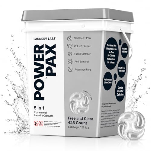 Image of PowerPax 5-in-1 Laundry Detergent Pods - 425 Count, Washer Pods with Stain Remover, Odor Control, Fabric Softener & Color Care for Commercial Laundry - Free and Clear