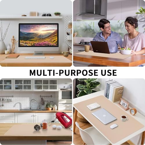 Image of Bloss Leather Desk Pad, Mouse Pad, Non-Slip Desk Protector Mat, Leather Desk Blotter, Computer Desk Pad, Waterproof Desk Mat for Home Office and Decor - Beige (35.4x17Inches)