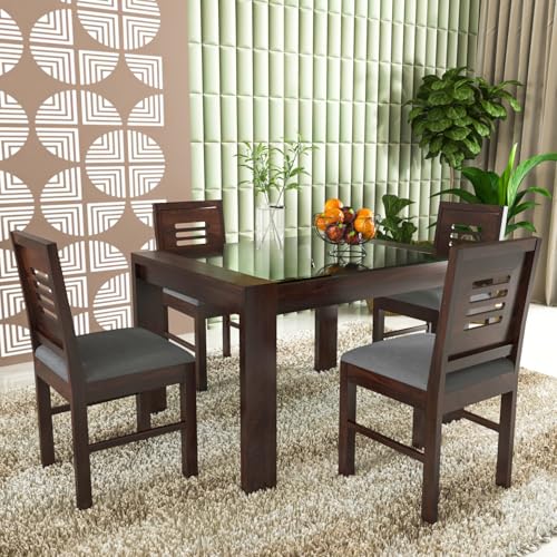 Image of Solid Sheesham Wood Dining Table Set of 4| Wooden 4 Seater Dining Table with 4 Chairs with Cushion|Wood Dining Table & Chairs for Home, Restaurant, Cafe, Dining Room | Walnut Finish