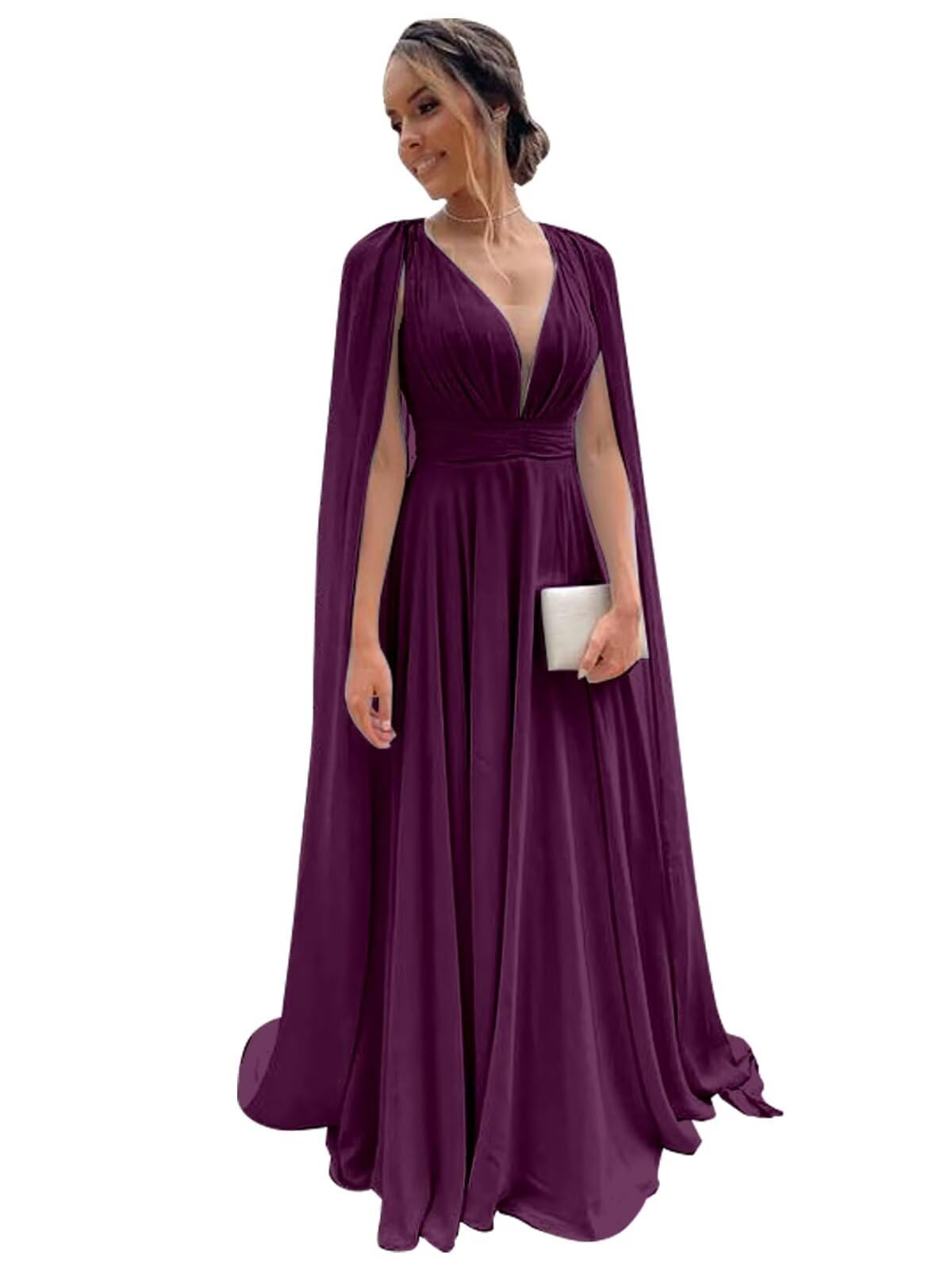 JKMMYO Cape Sleeve Bridesmaid Dresses for Women Chiffon V-Neck Pleated Long Formal Wedding Guest Gown
