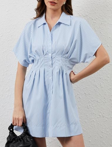Image of Women Button Down Pleated Shirt Dress Summer Short Sleeve Blouse Striped Print Corset Mini Dresses