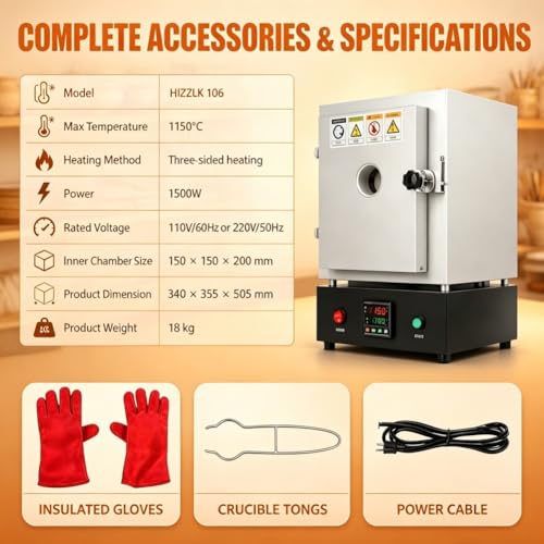 Image of 1500W Electric Kiln for Jewelry Making, Muffle Furnace, Pottery Glazing | Temperature Control Pottery Kiln, 0-2102℉ /1150℃, Heat Treat Oven For Jewelry Making, Metal Casting, DIY Projects