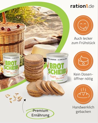 ration1 Dosenbrot Roggen-Mischbrot 1 x 350 g – vegan, laktosefrei & 10 Jahre haltbar – Brot in der Dose für Camping, Outdoor, Notfall & Langzeitnahrung