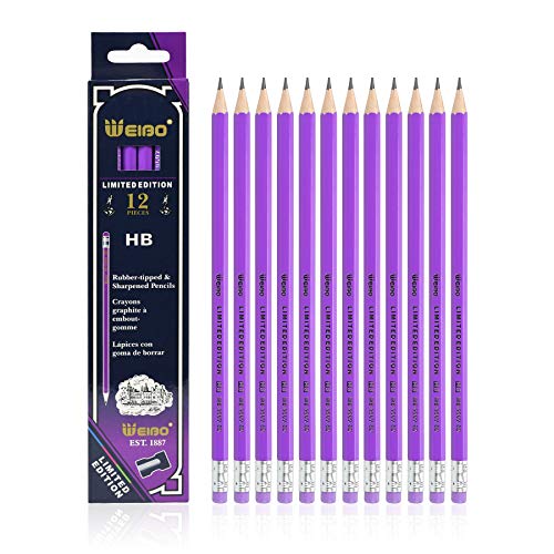 Weibo HB Wood Cased Graphite School Pencils, Pack of 12, Bulk, Pre-Sharpened with Erasers and Sharpener, Office Supplies for Exams, School, Office, Drawing and Sketching (Purple)