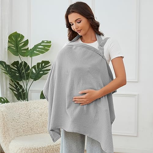 Image of Nursing Cover for Baby Breastfeeding with Rigid Hoop, Breathable Soft 100% Muslin Cotton, Baby Breast Feeding & Pumping Apron (Grey)