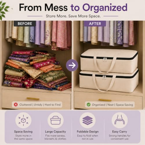 Image of Dustproof PVC Clothes Storage Bags | Foldable Saree & Suit Organizer with Zip | Transparent Wardrobe Organiser for Garments, Blankets, Sweaters (Canvas XXL)