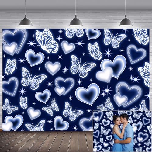 Fondo fotográfico azul 7x5 pies con diseño de corazones y mariposas miniatura 3