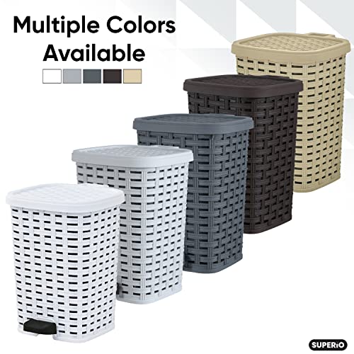 Image of Superio Mini Trash Can with Foot Pedal Small Outdoor Garbage Can with Lid, 1.5 Gallon Plastic Waste Basket for Bathroom, Bedroom, Kitchen, Office, Patio (Wicker Grey 6 QT.)