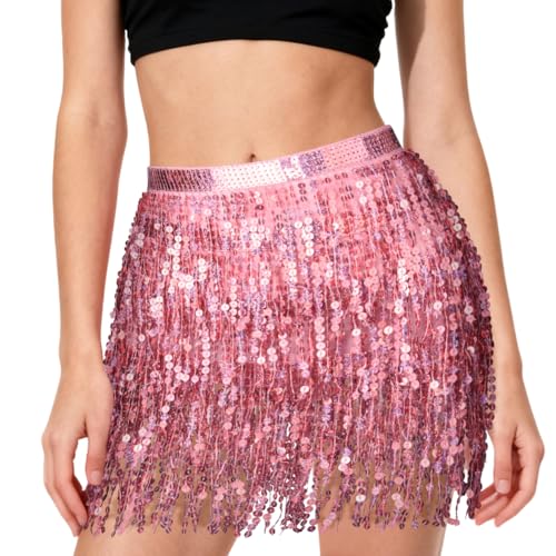 AYBUY Sequin Skirt for Women, Tassel Belly Dance Skirt Mini Sparkly Glitter Shiny Skirts for Performance & Festival Dance, Pink