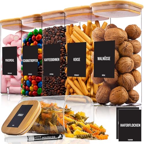 Deco haus® Vorratsgläser mit Deckel eckig 6er Set [+ETIKETTEN] - Vorratsdosen Glas mit Deckel luftdicht - Vorratsglas mit Holzdeckel - Müsli Aufbewahrungsgläser - Glasbehälter Vorratsbehälter