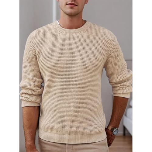 Crewneck Waffle Texture Mens Long Sleeve Knit Sweater Casual Fashion Comfortable Top Warm4