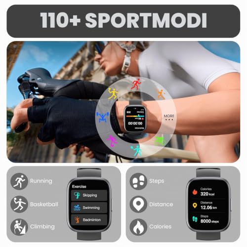 Poounur Smartwatch Herren Damen, 1.95" HD Smart Watch mit Bluetooth Anruf, 110+Sportmodi fitnessuhr, Fitness Tracker mit IP68 Wasserdicht… – Ansicht 2