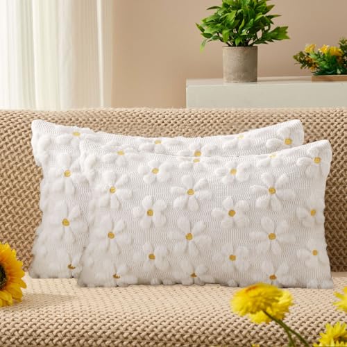 Image of DFXSZ Spring Summer Pillow Covers 12x20 inch Set of 2 White Daisy