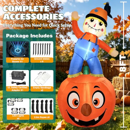 Image of 8FT Fall Inflatable Scarecrow Decorations for Outdoor Yard with LED Lights