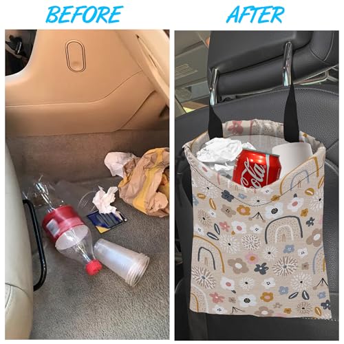 Image of Car Trash Bag Hanging Creative Floral Rainbows Car Trash Can Waterproof Garbage Bag Hanging for Car Back Seat